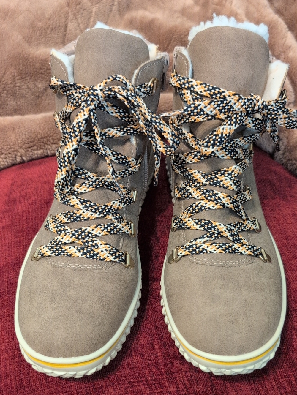 Rieker Taupe Lace-Up Faux-Fur Trim Hiking Boots with Patterned Laces